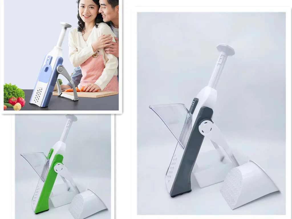 White and blue multifunctional vegetable slicer with stainless steel blades on a kitchen counter