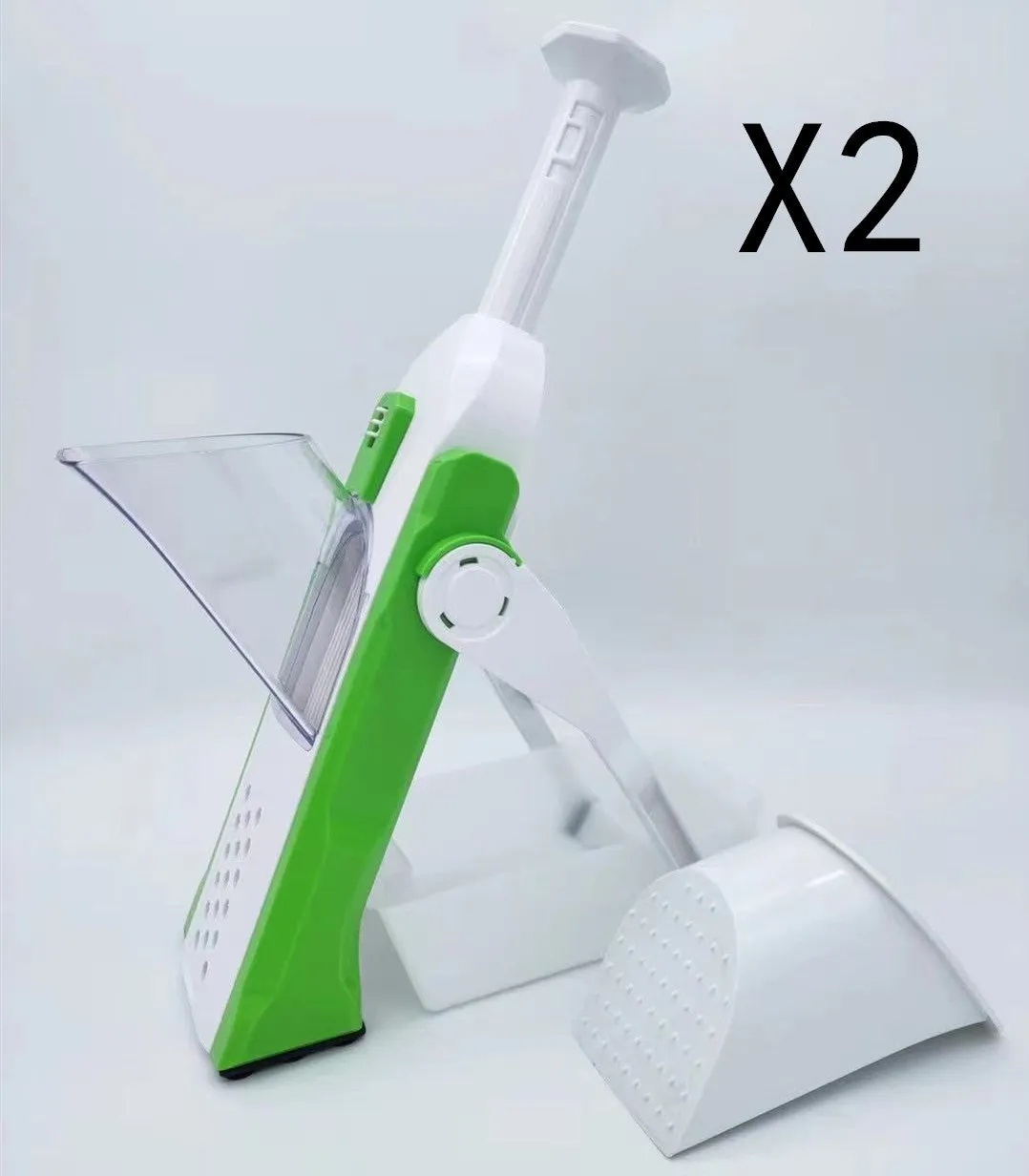 White and blue multifunctional vegetable slicer with stainless steel blades on a kitchen counter