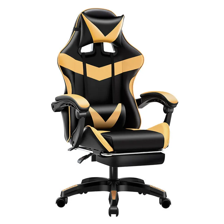 Gaming chair in black and red with footrest, showing reclining backrest and alloy frame