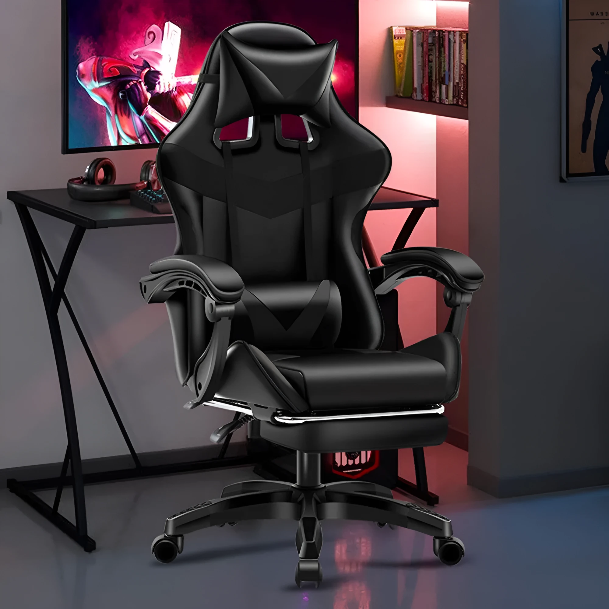 Gaming chair in black and red with footrest, showing reclining backrest and alloy frame