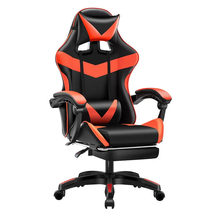 Gaming chair in black and red with footrest, showing reclining backrest and alloy frame