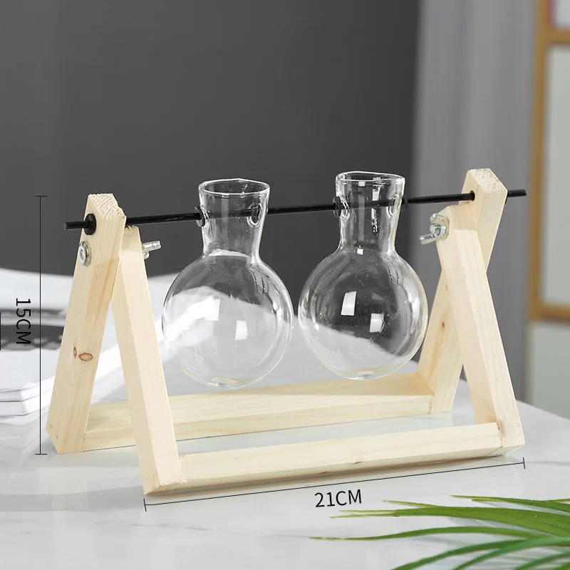 Swing wooden stand hydroponic plant container with borosilicate glass vase in geometric pastoral design