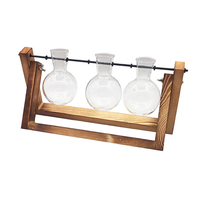 Swing wooden stand hydroponic plant container with borosilicate glass vase in geometric pastoral design