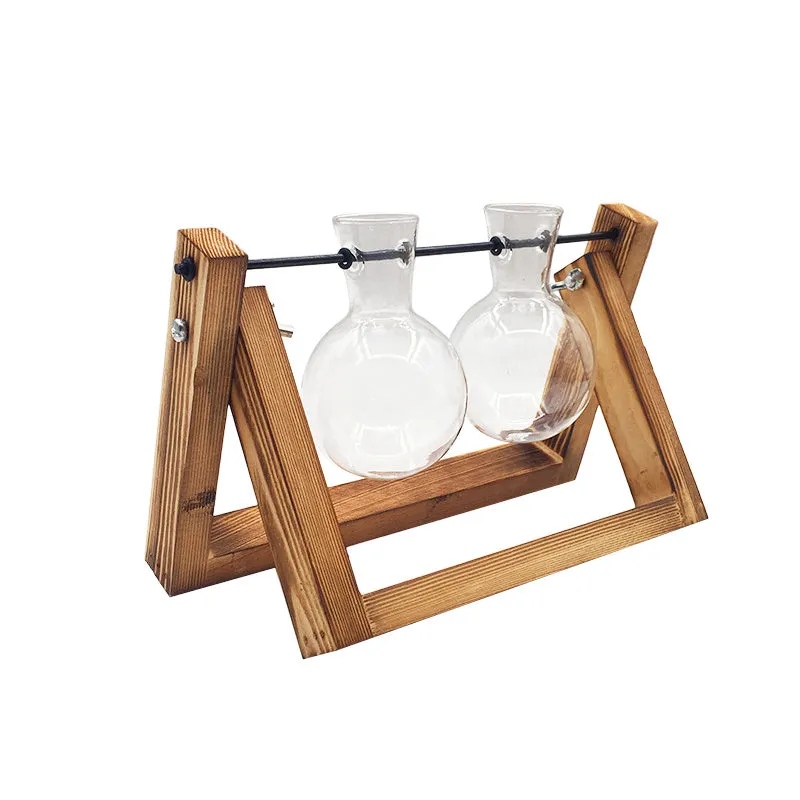 Swing wooden stand hydroponic plant container with borosilicate glass vase in geometric pastoral design