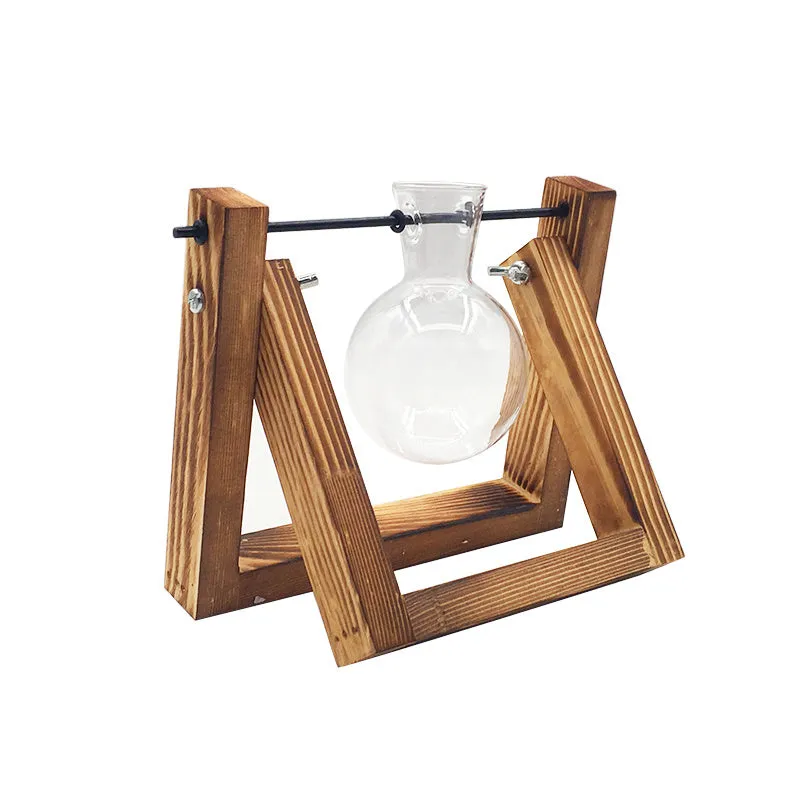 Swing wooden stand hydroponic plant container with borosilicate glass vase in geometric pastoral design