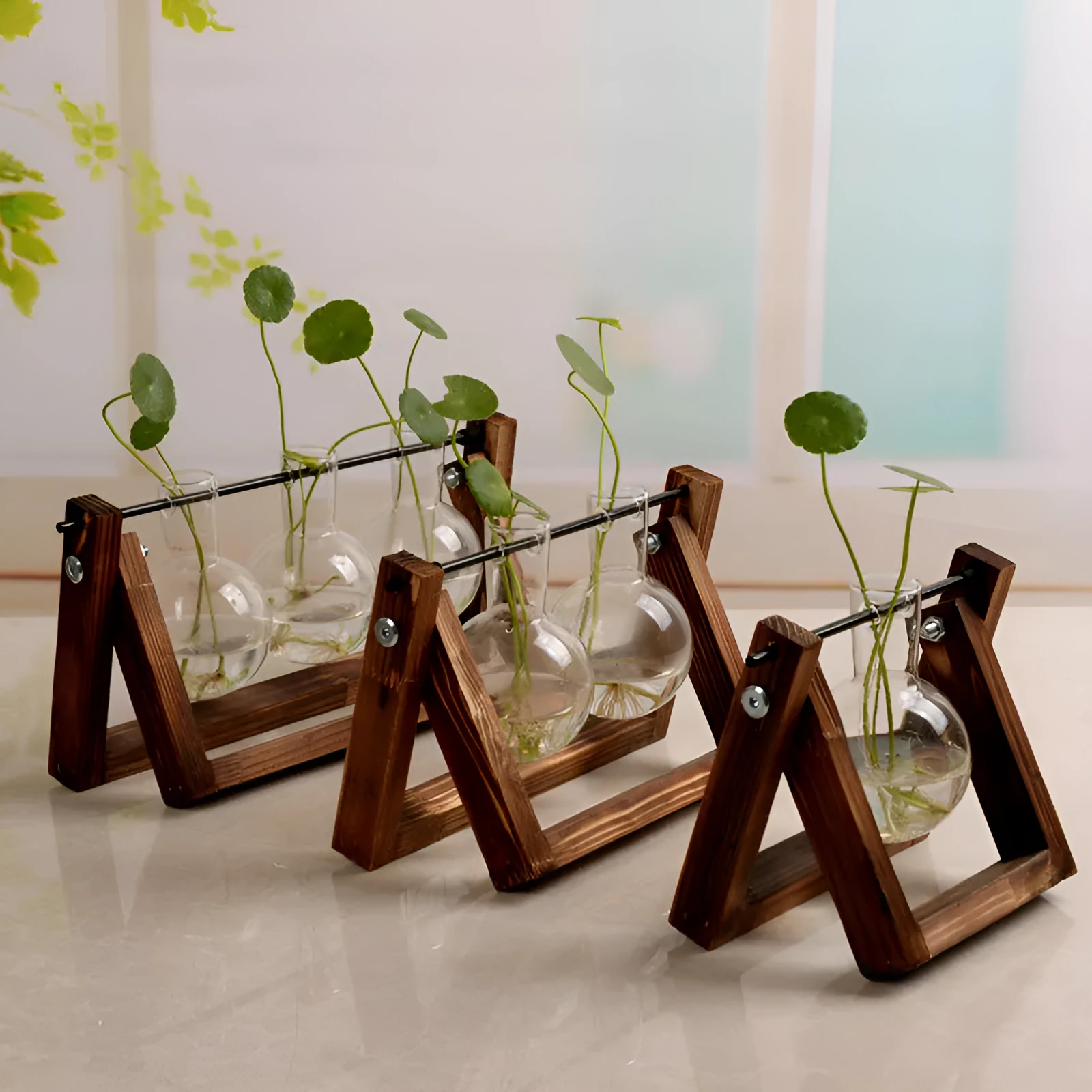 Swing wooden stand hydroponic plant container with borosilicate glass vase in geometric pastoral design