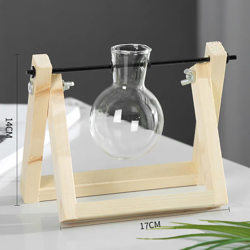 Swing wooden stand hydroponic plant container with borosilicate glass vase in geometric pastoral design