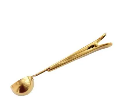 Stainless steel coffee clip spoon showing scoop and bag clip design, 17.5 cm long.