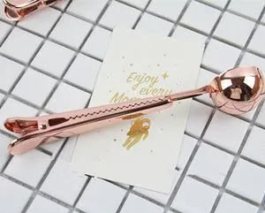Stainless steel coffee clip spoon showing scoop and bag clip design, 17.5 cm long.