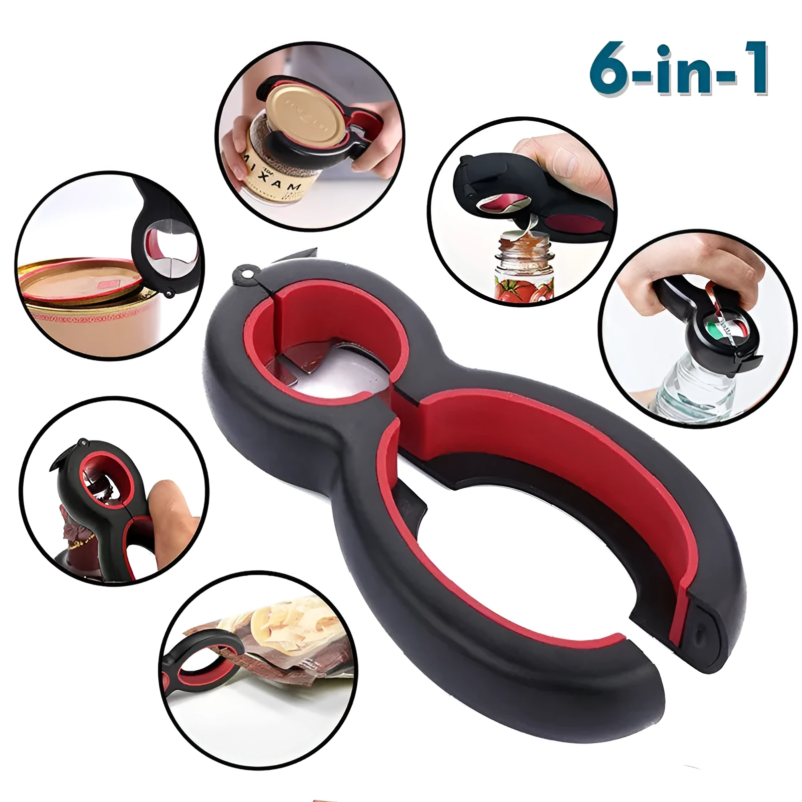 Multifunctional easy opener six in one bottle can opener with grey colour and ergonomic grip