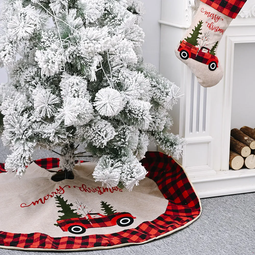 120cm diameter imitated linen cloth Christmas tree skirt with Car Christmas Tree design, showing mechanical stitching