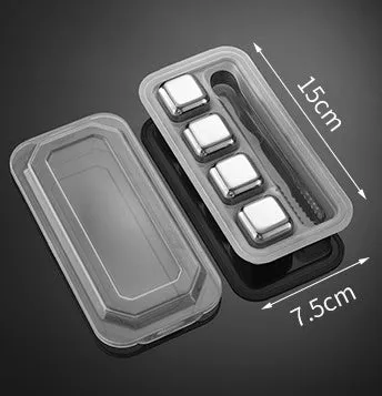 Stainless steel whiskey chilling stones in cube, ball, diamond, and heart shapes with clip