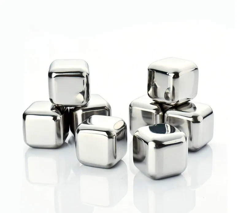 Stainless steel whiskey chilling stones in cube, ball, diamond, and heart shapes with clip