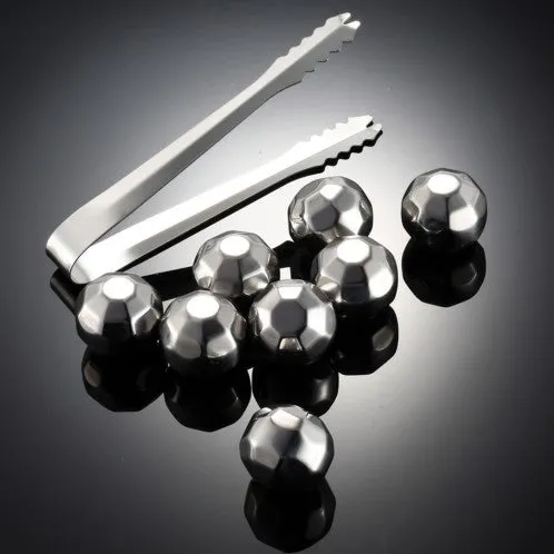 Stainless steel whiskey chilling stones in cube, ball, diamond, and heart shapes with clip