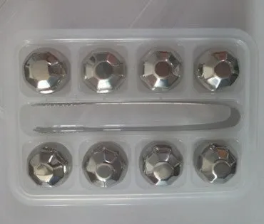 Stainless steel whiskey chilling stones in cube, ball, diamond, and heart shapes with clip