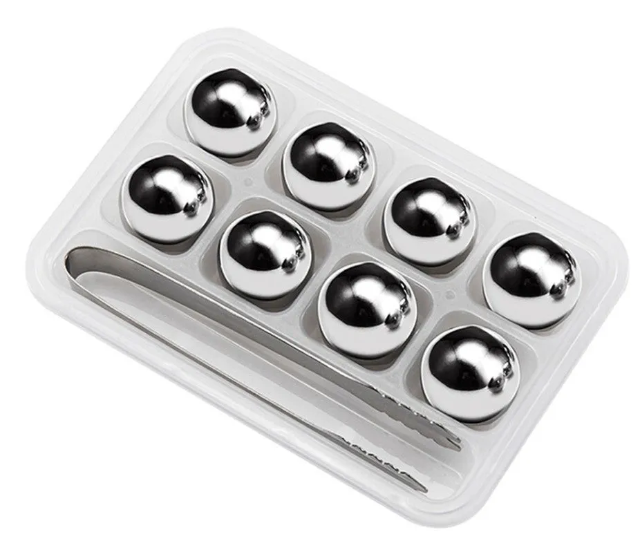 Stainless steel whiskey chilling stones in cube, ball, diamond, and heart shapes with clip