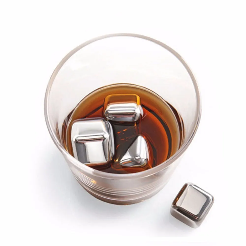 Stainless steel whiskey chilling stones in cube, ball, diamond, and heart shapes with clip