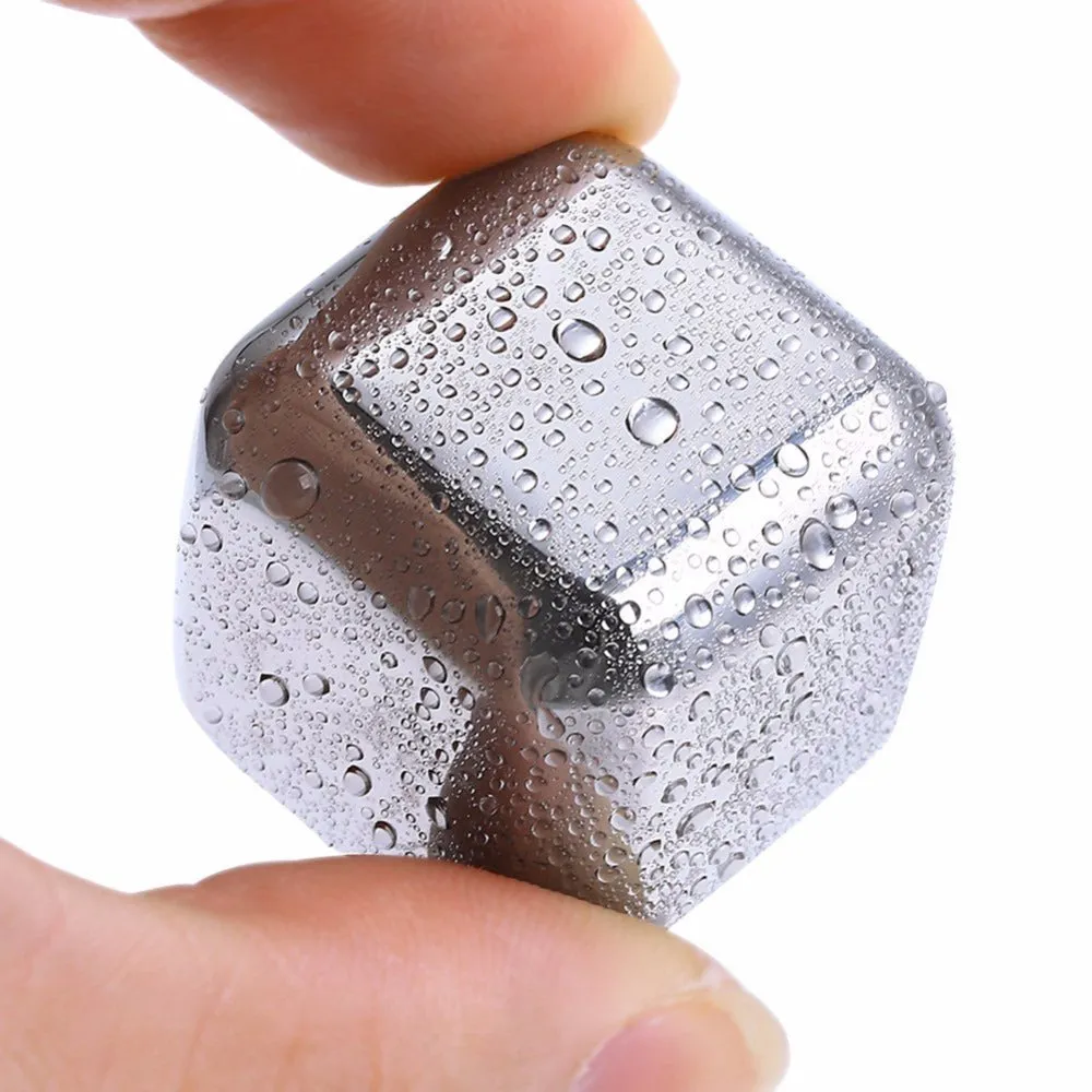 Stainless steel whiskey chilling stones in cube, ball, diamond, and heart shapes with clip