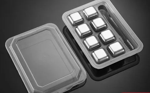 Stainless steel whiskey chilling stones in cube, ball, diamond, and heart shapes with clip
