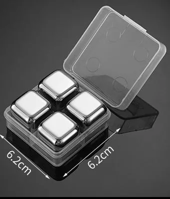 Stainless steel whiskey chilling stones in cube, ball, diamond, and heart shapes with clip