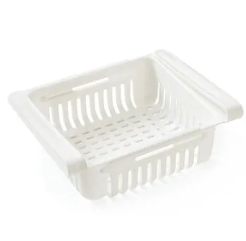 Blue telescopic refrigerator storage basket with adjustable width from 22cm to 34cm on a kitchen counter