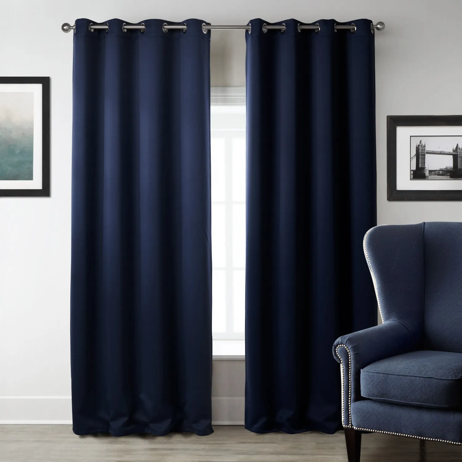 Dark navy blue modern blackout curtain made from shading cloth, hanging as a finished vertical panel.