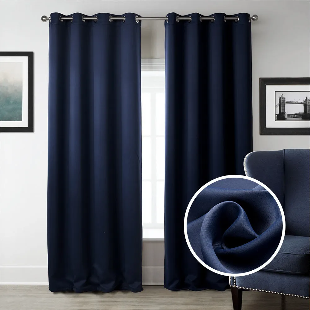 Dark navy blue modern blackout curtain made from shading cloth, hanging as a finished vertical panel.