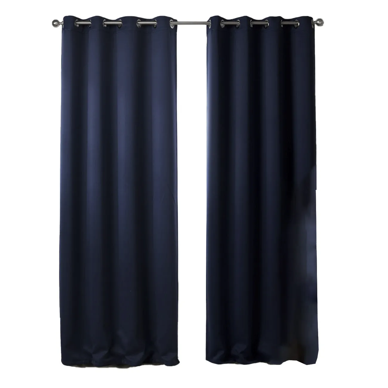 Dark navy blue modern blackout curtain made from shading cloth, hanging as a finished vertical panel.