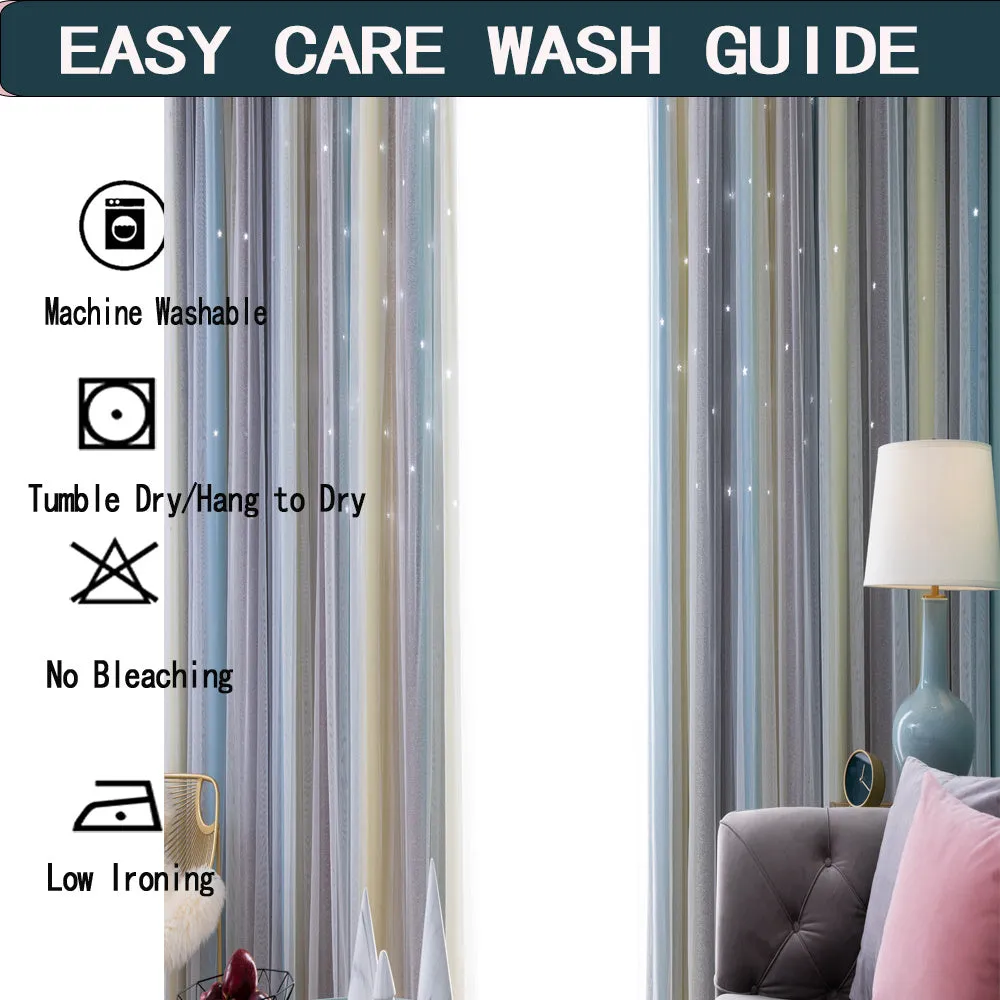 Rainbow gradient thermal blackout curtains with star-shaped cuts blocking 85-99% of sunlight