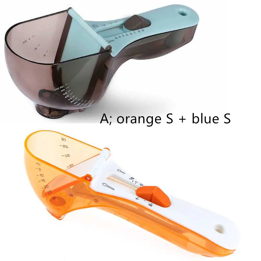 Orange and blue digital measuring spoons with magnetic snaps and hanging hole for kitchen storage
