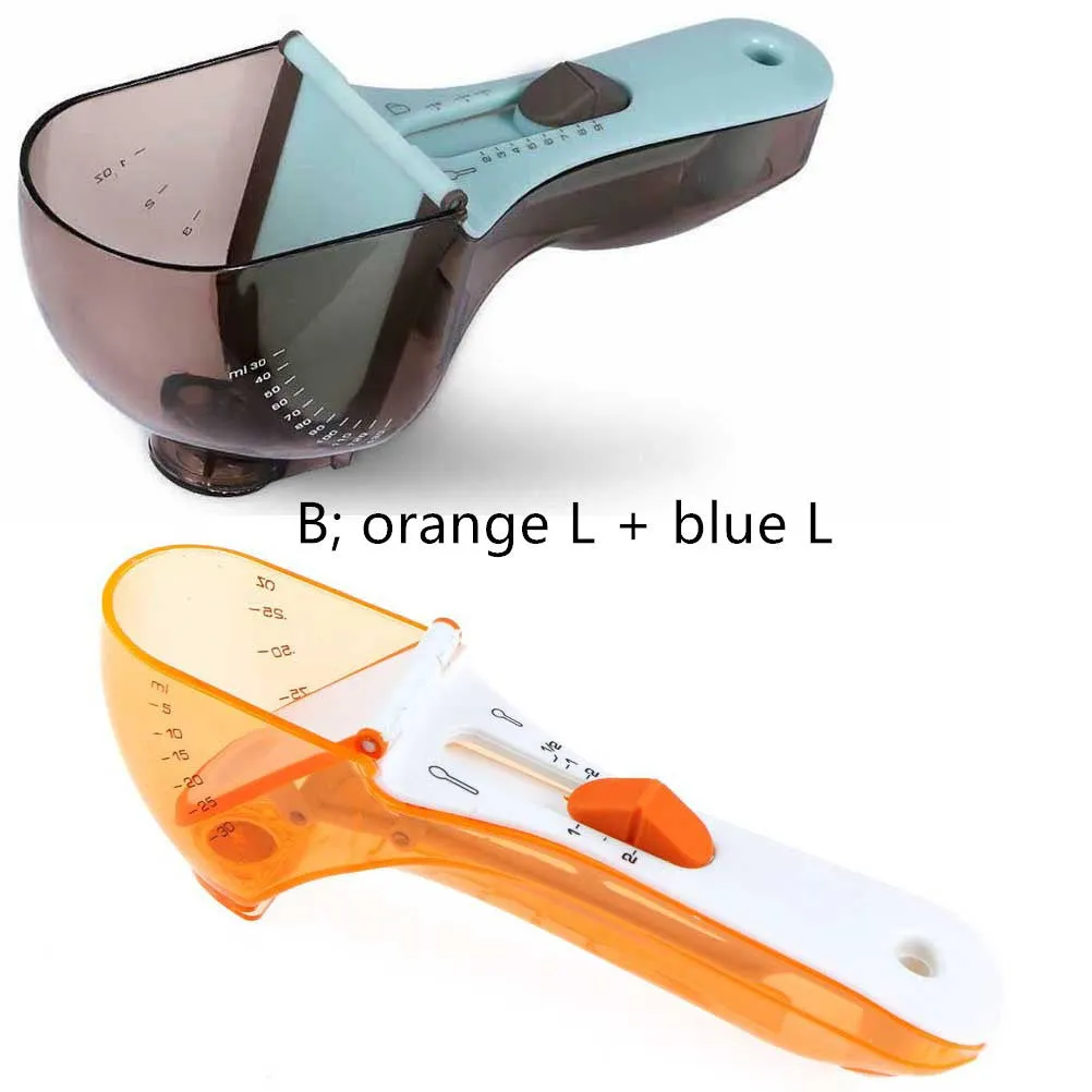 Orange and blue digital measuring spoons with magnetic snaps and hanging hole for kitchen storage