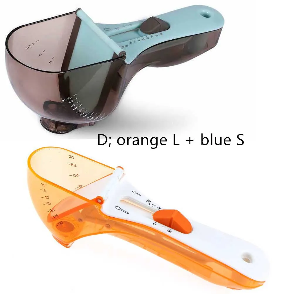 Orange and blue digital measuring spoons with magnetic snaps and hanging hole for kitchen storage