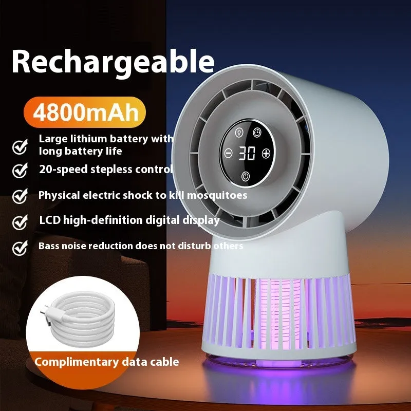 White plastic 2-in-1 mosquito killing mini desk fan with bladeless design and USB charging cable