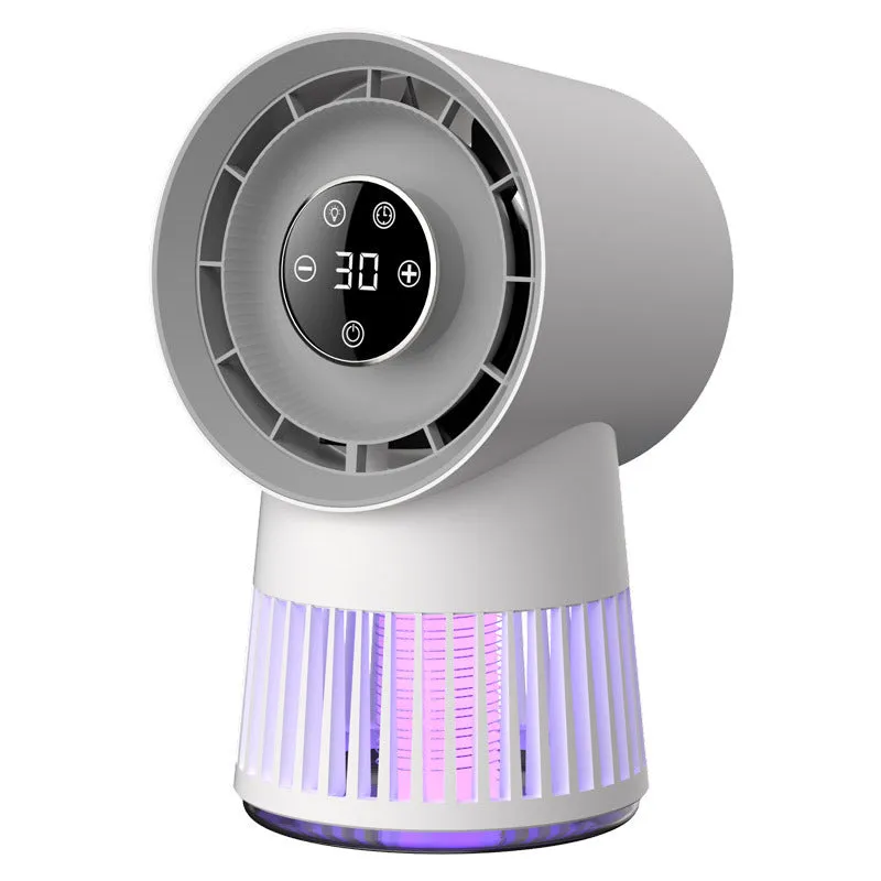 White plastic 2-in-1 mosquito killing mini desk fan with bladeless design and USB charging cable