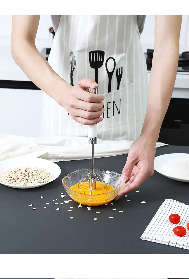 Semi-automatic stainless steel egg beater whisk with hand pressure rotating mechanism in silvery or white colour