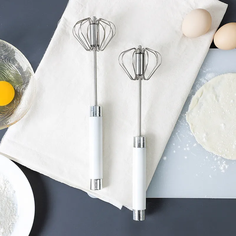 Semi-automatic stainless steel egg beater whisk with hand pressure rotating mechanism in silvery or white colour