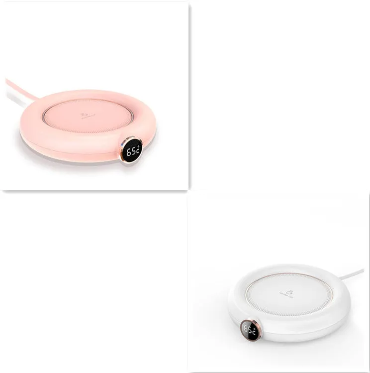 White USB cup warmer pad on desk with LED display showing temperature setting and mug on top