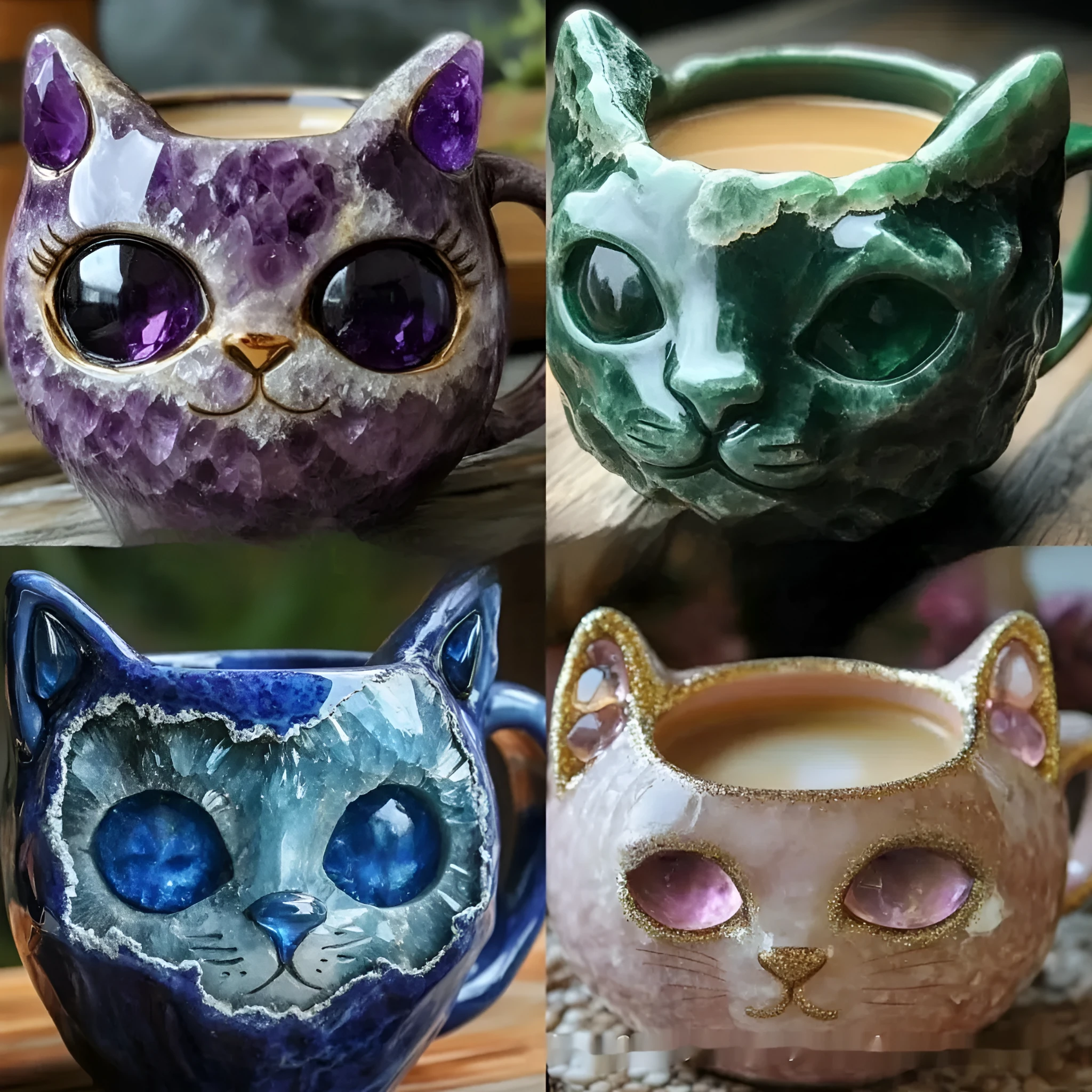Purple geode resin mug with crystal-like interior and cat-shaped exterior on a wooden surface.