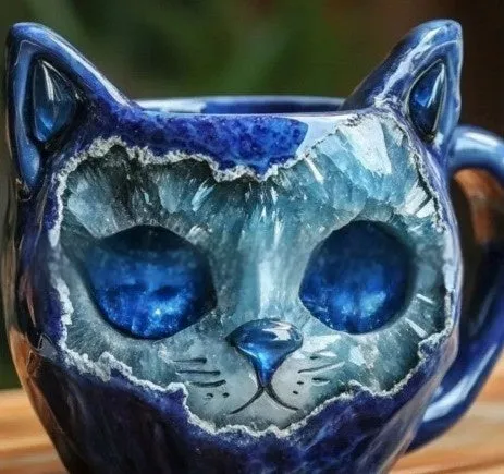 Purple geode resin mug with crystal-like interior and cat-shaped exterior on a wooden surface.
