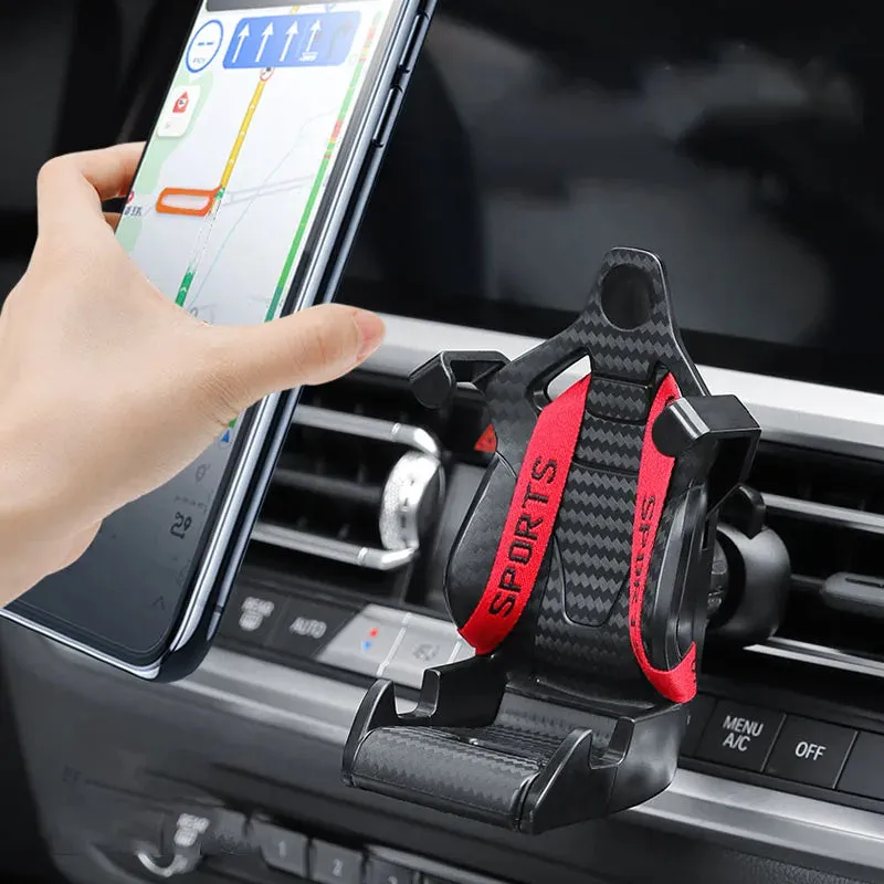 Racing seat shape car phone holder with 360-degree rotation on air vent, in gold tape colour