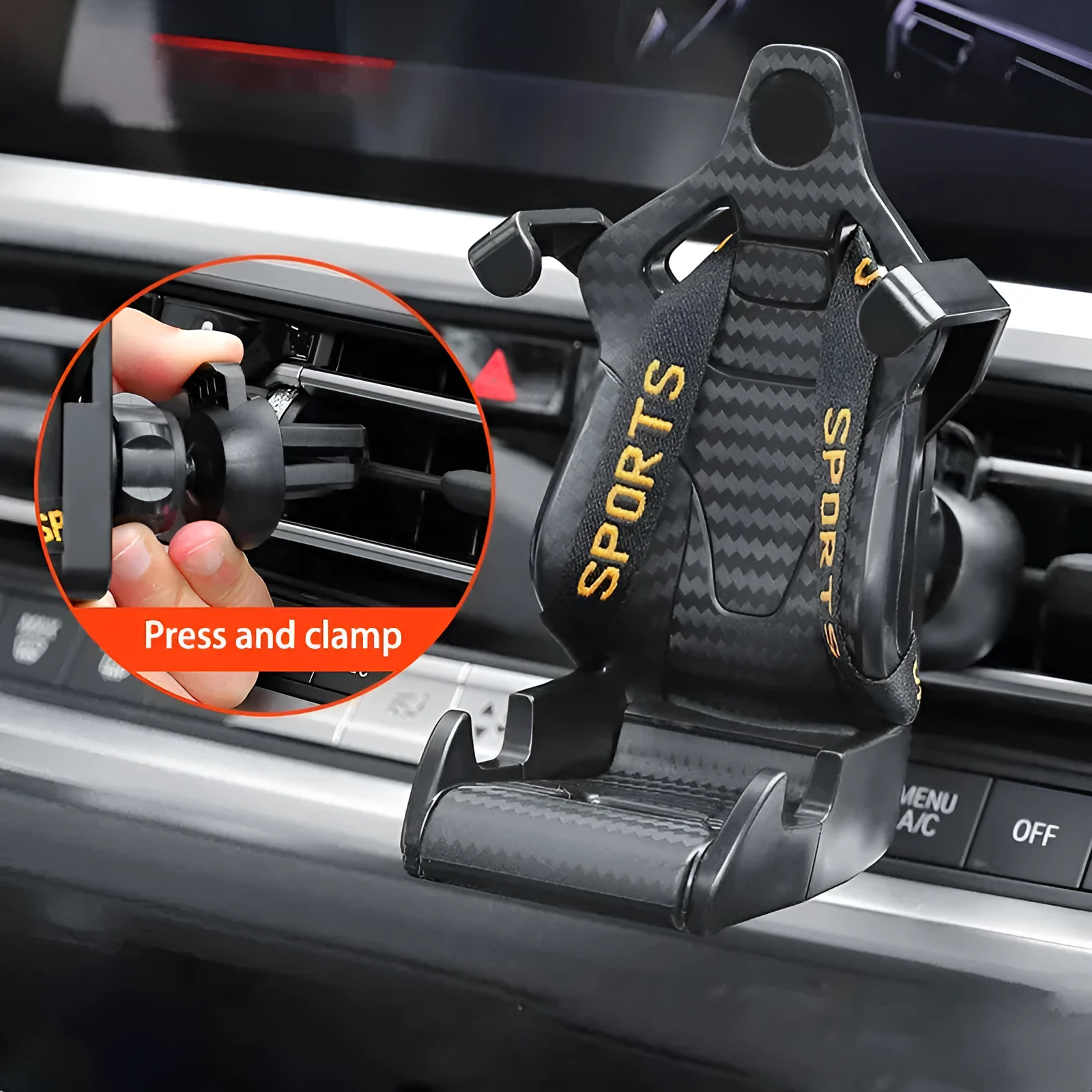 Racing seat shape car phone holder with 360-degree rotation on air vent, in gold tape colour