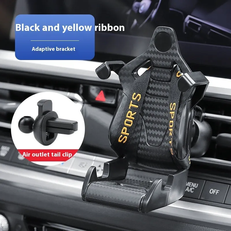 Racing seat shape car phone holder with 360-degree rotation on air vent, in gold tape colour