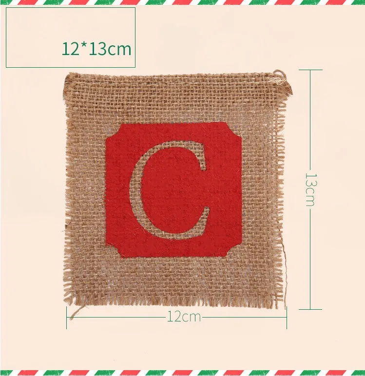 Brown and red burlap Christmas banner with 14 fabric flags on natural string