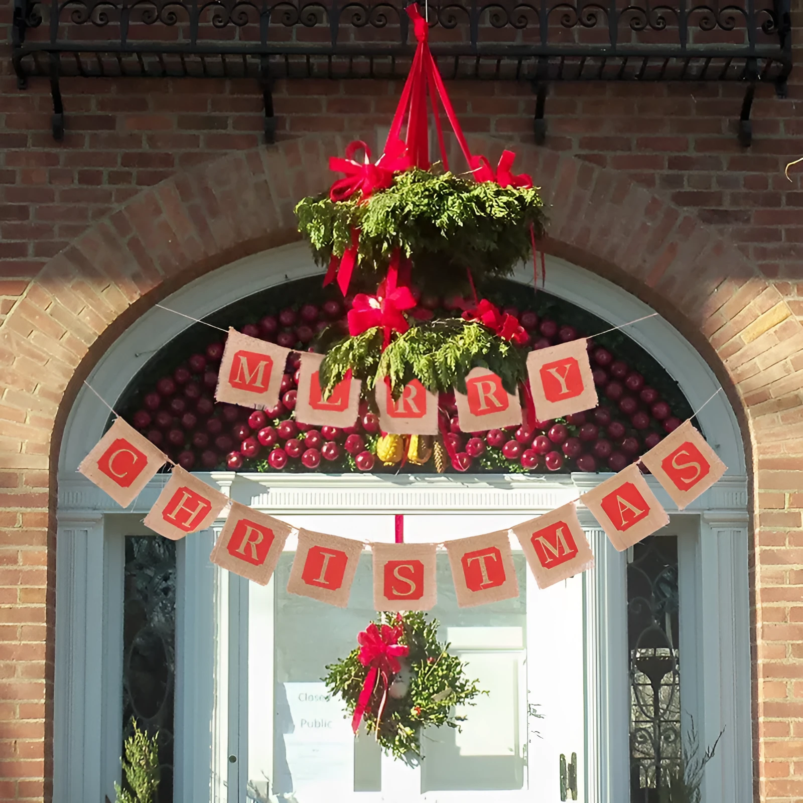 Brown and red burlap Christmas banner with 14 fabric flags on natural string