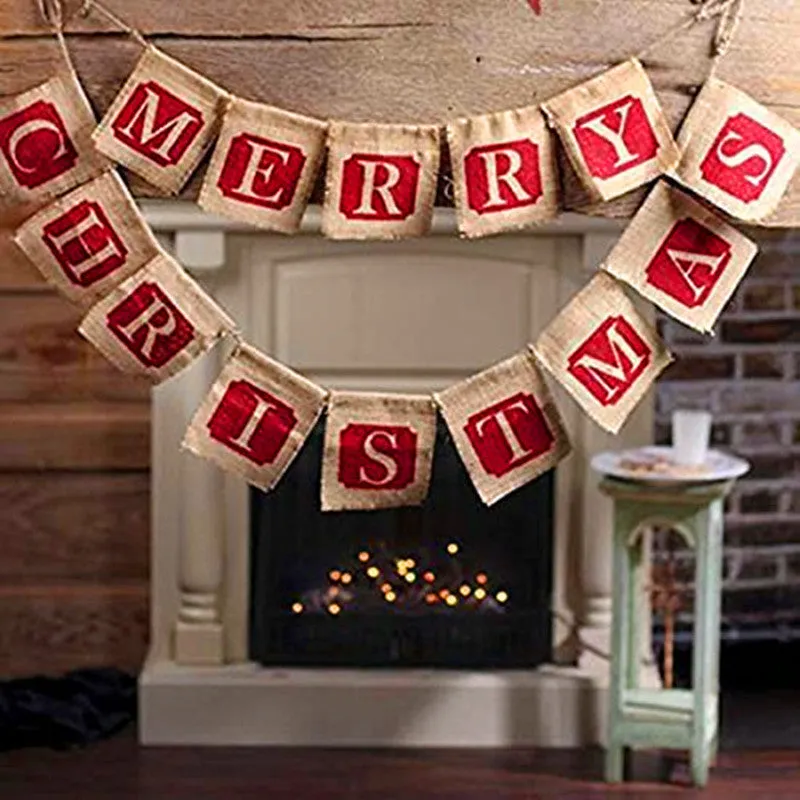 Brown and red burlap Christmas banner with 14 fabric flags on natural string