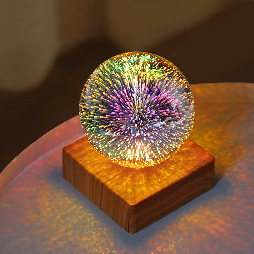 Spherical crystal ball night light with USB plug showing starry sky pattern illumination
