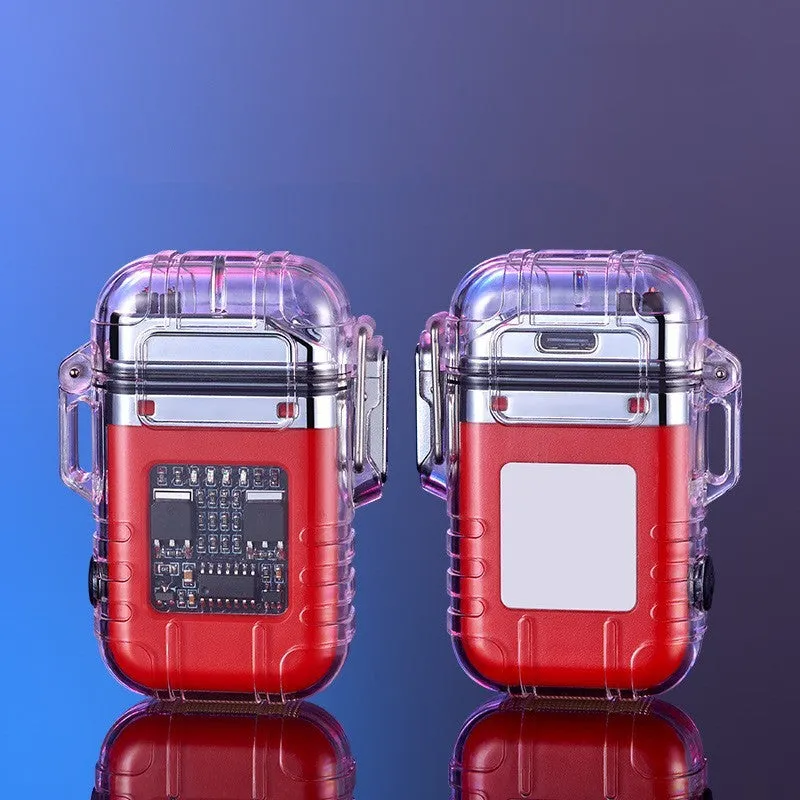 Transparent plastic dual arc lighter with USB charging port and side activation button