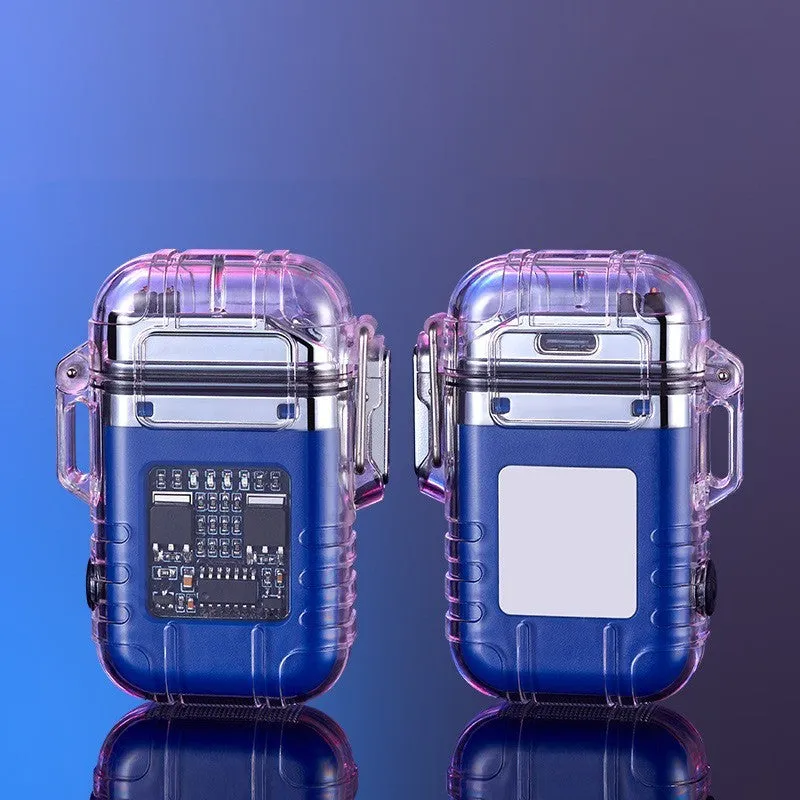 Transparent plastic dual arc lighter with USB charging port and side activation button