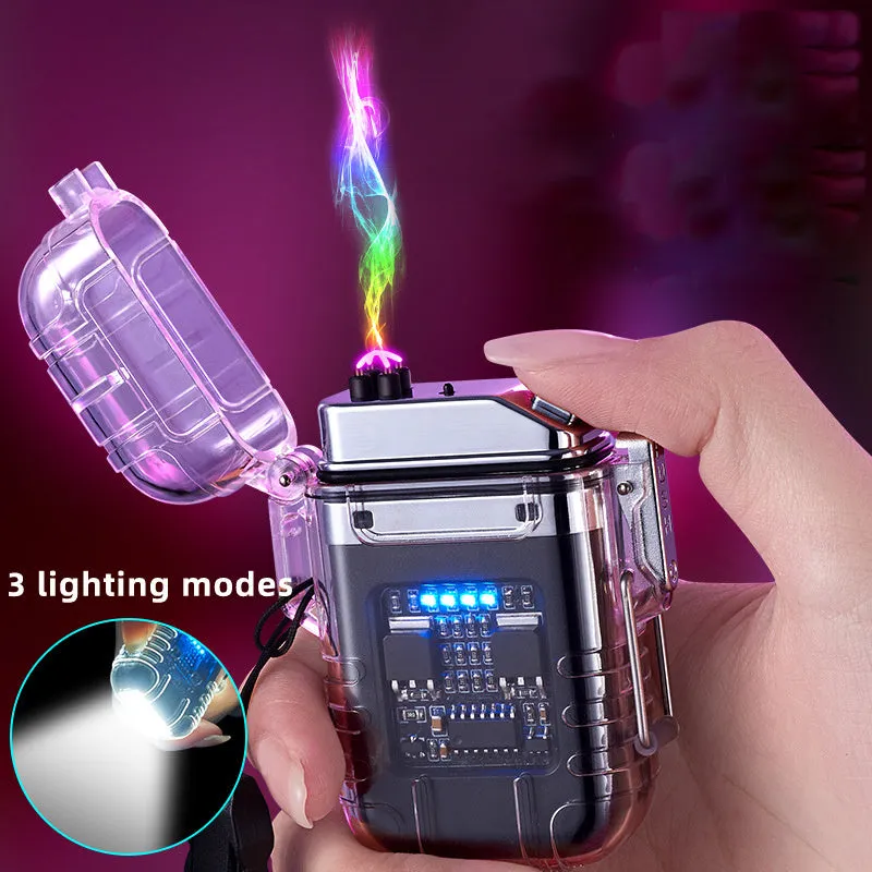 Transparent plastic dual arc lighter with USB charging port and side activation button
