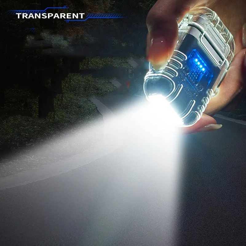 Transparent plastic dual arc lighter with USB charging port and side activation button